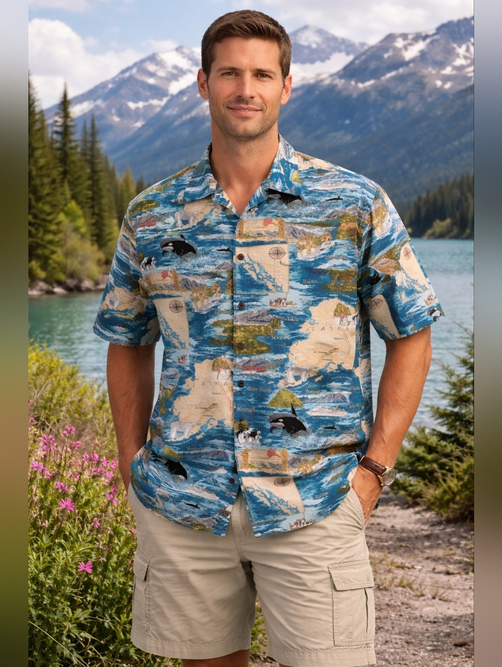 David Carey Originals Alaska Map Hawaiian Shirt‎ Men’s XL Blue Wildlife Print